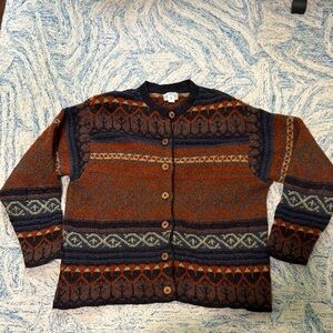 Northwest express wool Wood button Vintage Patterned Button-Up Cardigan L